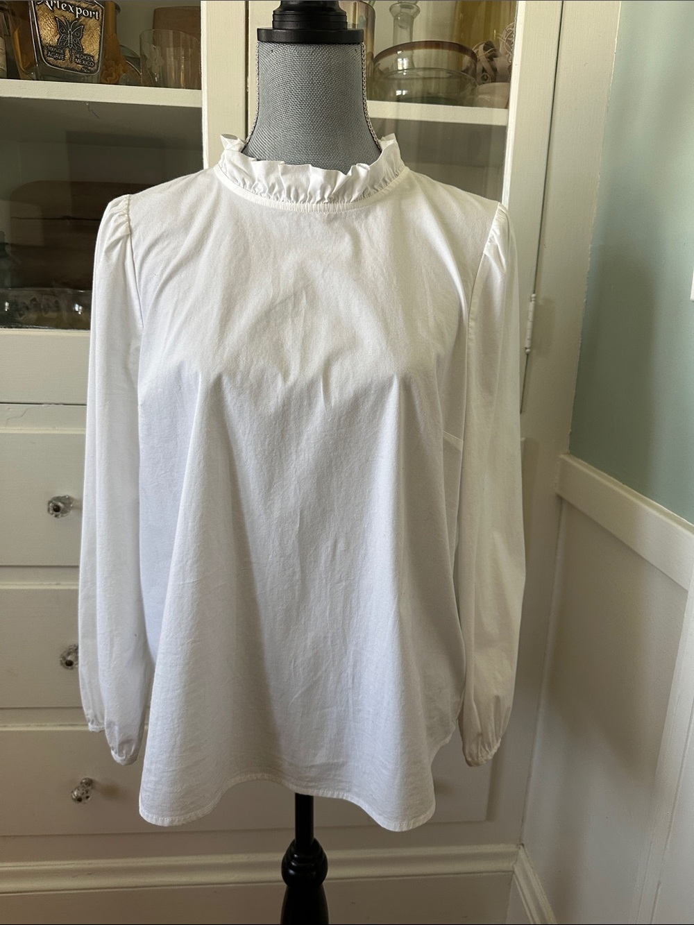 J Crew Organic Cotton White Ruffle Mock Neck Long Gathered Sleeve Blouse Shirt L